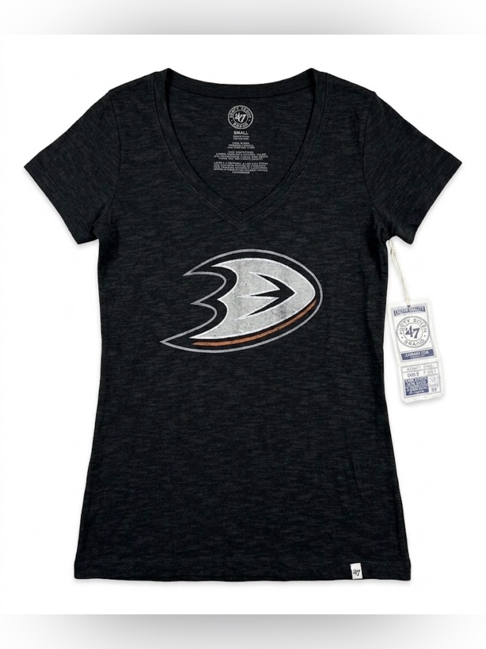 NWT '47 Brand Anaheim Ducks Womens Shirt Small Black V-Neck NHL Hockey Graphic